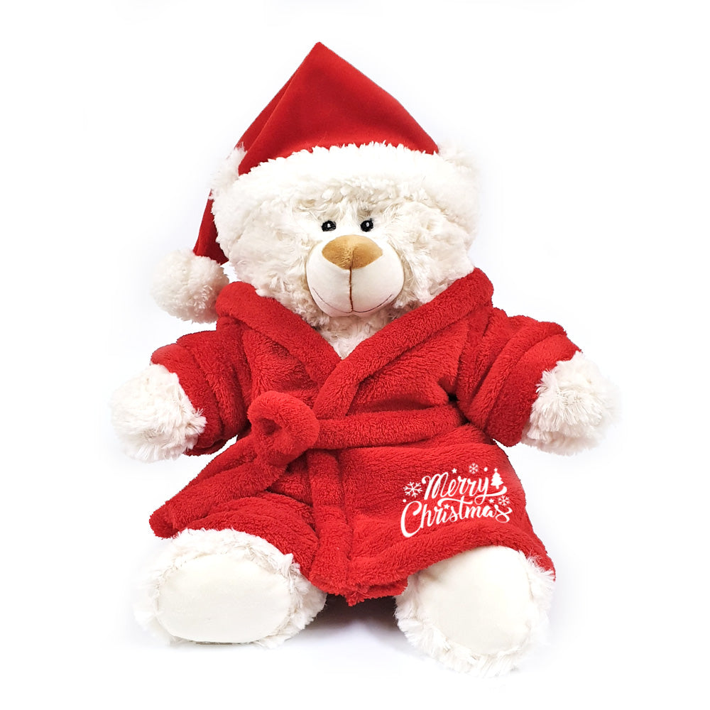 Cream Bear  with Red Bathrobe Merry Christmas w/ Santa Hat