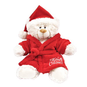 Cream Bear with Printed Bathrobe and Santa Hat